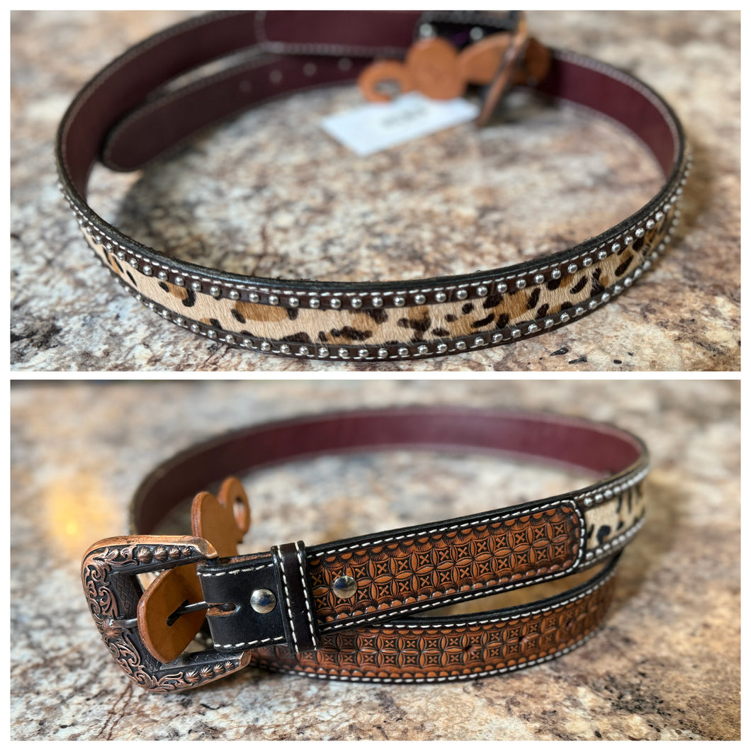 Studded Leopard & Tooled Print Leather Belt
